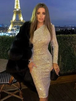Women's Prom Cocktail Party Dress Sequin Dress Mini Dress Silver Black Gold Long Sleeve Pure Color Sequins Winter Fall Spring One Shoulder Fashion Winter Dress Fall Dress Slim 2023 S M L XL XXL -Tesla Style ntlvlx1692674777420