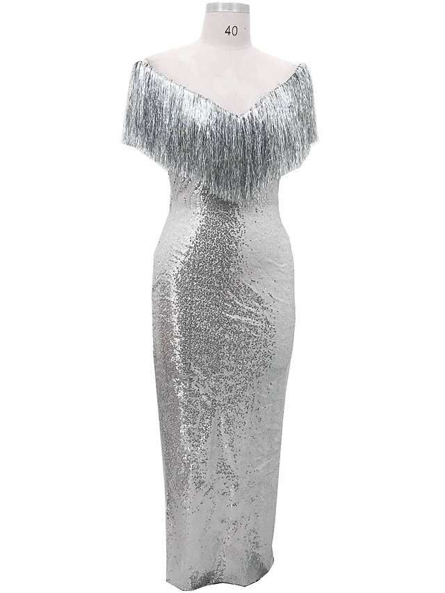 Women's Fringe Dress Sequin Dress Shift Dress Long Dress Maxi Dress Silver Short Sleeve Pure Color Sequins Winter Fall Autumn V Neck Party S M L XL 5 Women's Fringe Dress Sequin Dress Shift Dress Long Dress Maxi Dress Silver Short Sleeve Pure Color Sequins Winter Fall Autumn V Neck Party S M L XL - Image 3