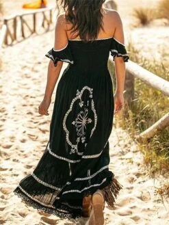 Women's Prom Dress Party Dress Lace Dress Long Dress Maxi Dress Black Short Sleeve Flower Lace Summer Spring Off Shoulder Fashion Evening Party Wedding Guest Vacation Loose Fit 2023 S M L XL XXL 3XL -Tesla Style nucwig1689736601850