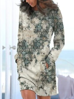 Women's Casual Dress Sweatshirt Dress Winter Dress Floral Tribal Pocket Print Crew Neck Mini Dress Vintage Ethnic Outdoor Daily Long Sleeve Loose Fit Royal Blue Blue Dusty Blue Fall Winter S M L XL -Tesla Style nuoivs1694077850957