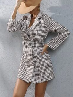 Women's Work Dress Blazer Dress Sheath Dress Fashion Mini Dress Button Print Lapel Long Sleeve Plaid Regular Fit Red Khaki Fall S M L XL XXL -Tesla Style nvdkzf1693281054330