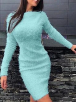 Women‘s Sweater Dress Winter Dress Sheath Dress Pink Khaki Light Blue Gray White Long Sleeve Pure Color Winter Fall Crew Neck Boho Casual S M L XL XXL 3XL -Tesla Style nvdt1608620024882