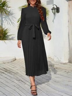 Women's Work Dress Swing Dress Black Dress Fashion Midi Dress Lace Up Ruched Crew Neck Long Sleeve Plain Loose Fit Black Blue Green Fall Winter S M L XL XXL -Tesla Style nveqzz1693300611454