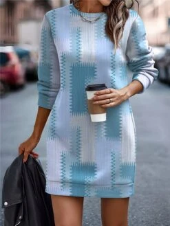 Women's Casual Dress Sweatshirt Dress Mini Dress Warm Fashion Outdoor Vacation Going Out Crew Neck Print Geometric Regular Fit Pink Blue Purple S M L XL XXL -Tesla Style nvgvcs1697107837903