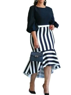 Women's Work Dress Casual Dress Semi Formal Dress Fashion Office Daily Workfashion Midi Dress Asymmetrical Print Crew Neck Long Sleeve Stripe Regular Fit Black Blue Fall Winter S M L XL XXL -Tesla Style nvqjip1695267345211