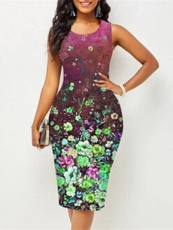 Women's Work Dress Sheath Dress Semi Formal Dress Fashion Midi Dress Print Crew Neck Sleeveless Floral Slim Pink Red Blue Summer Spring S M L XL XXL -Tesla Style nwbkgf1677122663466