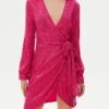 Women‘s Party Dress Sequin Dress Homecoming Dress Wedding Guest Dress Mini Dress Pink Fuchsia Long Sleeve Pure Color Sparkly Glitter Lace Up Spring Fall Winter V Neck Fashion Winter Dress -Tesla Style nwiogg1692689960791