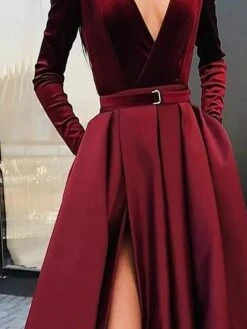 Women‘s Party Dress Velvet Dress Red Long Dress Maxi Dress Wine Long Sleeve Pure Color Ruched Pleated Split Winter Fall V Neck Party Hot Elegant Fall Dress Slim 2023 S M L XL Winter Dress -Tesla Style nwplhd1643015984806
