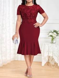 Women's Plus Size Party Dress Cocktail Dress Wedding Guest Dress Midi Dress Pink Wine Blue Short Sleeve Pure Color Lace Spring Fall Winter Crew Neck Fashion Winter Dress Wedding Guest Vacation 2023 S -Tesla Style nwpqxp1693806557843