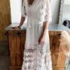 Women's Party Dress A Line Dress Boho Dress Long Dress Maxi Dress White Half Sleeve Pure Color Lace Spring Fall Autumn V Neck Boho Loose Fit 2023 S M L XL XXL -Tesla Style nwxlki1647338020546