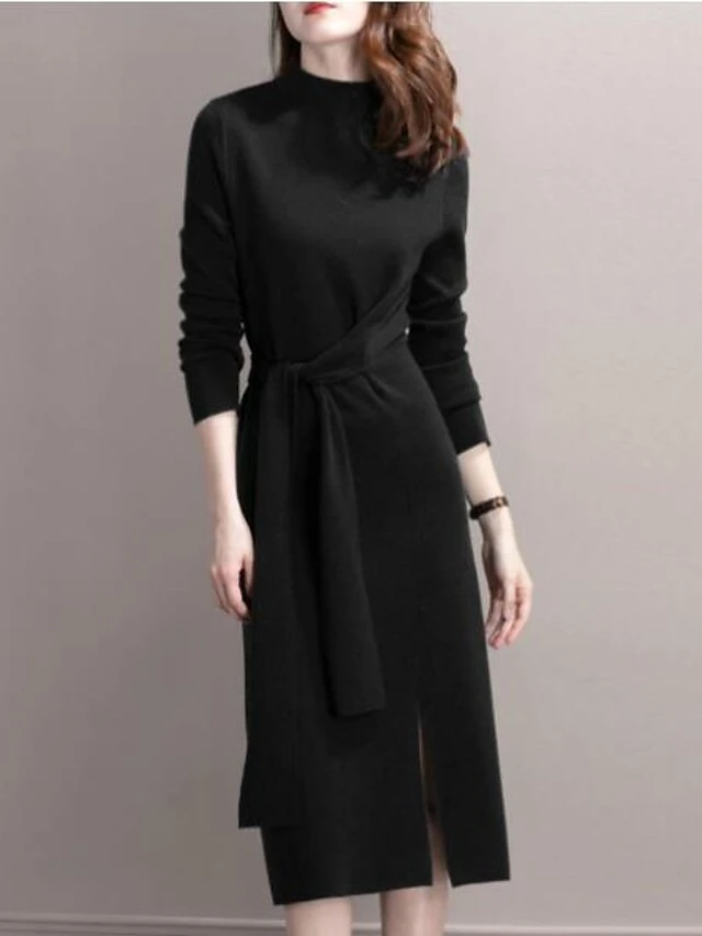 Women‘s Sweater Dress Winter Dress Midi Dress Green Camel Red Long Sleeve Pure Color Lace Up Split Winter Fall Turtleneck Casual One-Size 6 Women‘s Sweater Dress Winter Dress Midi Dress Green Camel Red Long Sleeve Pure Color Lace Up Split Winter Fall Turtleneck Casual One-Size - Image 4