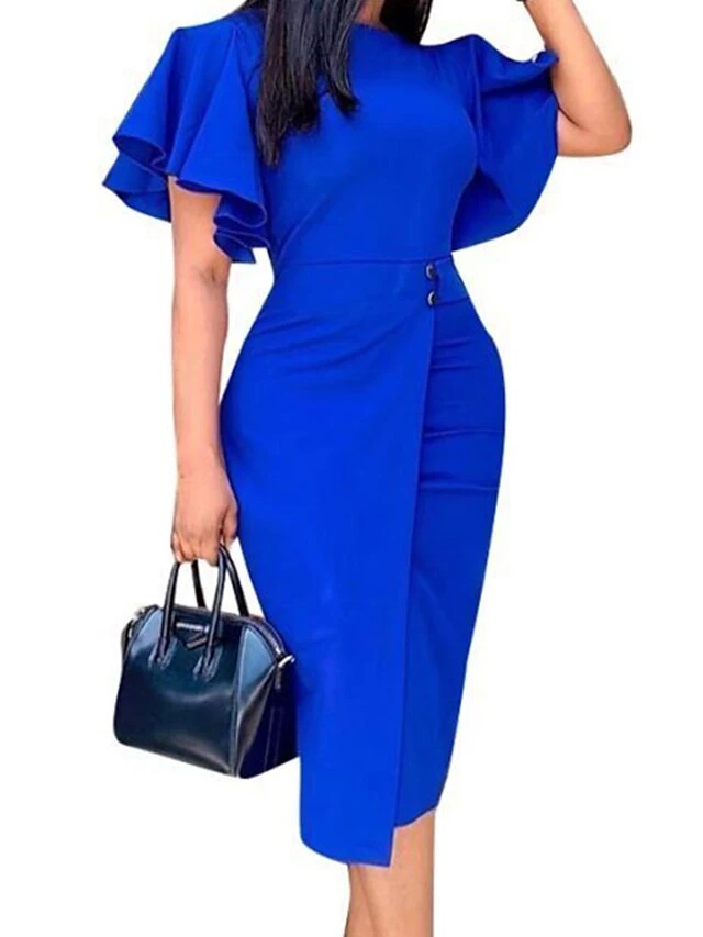 Women's Party Dress Shift Dress Green Dress Midi Dress Wine Blue Purple Short Sleeve Pure Color Ruffle Summer Spring Crew Neck Stylish Slim 2023 S M L XL XXL 3XL 8 Women's Party Dress Shift Dress Green Dress Midi Dress Wine Blue Purple Short Sleeve Pure Color Ruffle Summer Spring Crew Neck Stylish Slim 2023 S M L XL XXL 3XL - Image 6