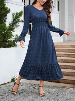 Women's Work Dress Swing Dress Black Dress Fashion Midi Dress Ruched V Neck Long Sleeve Plain Loose Fit Black Red Blue Fall Winter S M L XL XXL -Tesla Style nxngze1693300594789