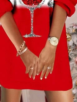 Women's Christmas Sweatshirt Dress Shift Dress Mini Dress Red 3/4 Length Sleeve Hat Print Winter Fall Autumn V Neck Vacation Loose Fit 2022 S M L XL XXL 3XL -Tesla Style nxthos1667562154283