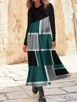 Women's Work Dress Casual Dress Swing Dress Fashion Winter Dress Daily Long Dress Maxi Dress Button Print V Neck Long Sleeve Geometric Plaid Regular Fit Pink Orange Green Fall Winter S M L XL XXL -Tesla Style nxxfrx1695264757751