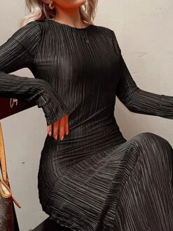 Women's Work Dress Sheath Dress Semi Formal Dress Fashion Daily Workfashion Long Dress Maxi Dress Ruched Pleated Crew Neck Long Sleeve Plain Slim Black Orange Fall Winter S M L -Tesla Style nybjbz1695645282221