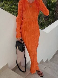 Women's Work Dress Sheath Dress Semi Formal Dress Fashion Daily Workfashion Long Dress Maxi Dress Ruched Pleated Crew Neck Long Sleeve Plain Slim Black Orange Fall Winter S M L -Tesla Style nyerpd1695645277148