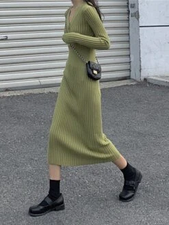 Women‘s Sweater Dress Winter Dress Sheath Dress Midi Dress Black White Green Long Sleeve Pure Color Button Fall Winter Autumn V Neck Stylish Winter Dress Fall Dress 2023 One-Size -Tesla Style nyludh1665656615891