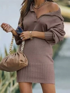 Women's Sweater Dress Jumper Dress Casual Dress Mini Dress Warm Pure Color Outdoor Casual Daily Going Out V Neck Long Sleeve 2023 Loose Fit Black Yellow Wine S M L XL XXL 3XL -Tesla Style nypmhl1692340289101