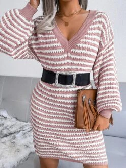 Women's Sweater Dress Jumper Dress Casual Dress Mini Dress Active Multicolor Outdoor Casual Daily Holiday V Neck Long Sleeve Patchwork 2023 Loose Fit Pink Blue Khaki S M L -Tesla Style nypsaf1692947785197