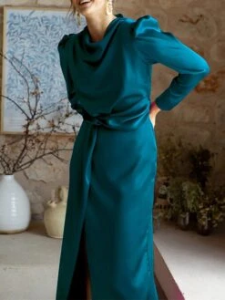 Women's Work Dress Satin Dress Semi Formal Dress Fashion Long Dress Maxi Dress Split Stand Collar Long Sleeve Plain Regular Fit Black Blue Sky Blue Fall Winter S M L XL -Tesla Style nywtcn1692761656915