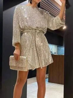 Women's Party Dress Sequin Dress Black Dress Homecoming Cocktail Dress Mini Dress Silver White Long Sleeve Pure Color Sparkly Glitter Lace Up Winter Dress -Tesla Style nzapyi1694504478898