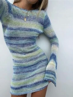 Women‘s Sweater Dress Winter Dress Open Back Knitted Striped Stylish Sexy Soft Long Sleeve Sweater Cardigans Crew Neck Spring Summer Light Blue