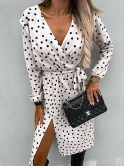 Women's Work Dress Sheath Dress Semi Formal Dress Fashion Midi Dress Lace Up Split V Neck Long Sleeve Polka Dot Loose Fit Black White Red Fall Winter S M L XL XXL -Tesla Style nzzzbo1692080010756