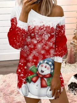 Women's Casual Dress Christmas Dress Sweatshirt Dress Snowman Snowflake Cold Shoulder Print One Shoulder Mini Dress Fashion Streetwear Outdoor Christmas Long Sleeve Loose Fit Black Red Blue Fall