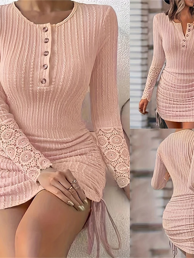Women's Sweater Dress Jumper Dress Casual Dress Mini Dress Fashion Plain Outdoor Casual Daily Going Out Crew Neck Long Sleeve Ruched Button 2023 Slim Pink S M L XL XXL 3XL 4 Women's Sweater Dress Jumper Dress Casual Dress Mini Dress Fashion Plain Outdoor Casual Daily Going Out Crew Neck Long Sleeve Ruched Button 2023 Slim Pink S M L XL XXL 3XL - Image 2