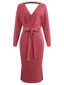 Women's Sweater Dress Winter Dress Jumper Dress Midi Dress Lace Up Split Daily Date Going Out Active Fashion V Neck Long Sleeve 2023 Regular Fit Black Yellow Fuchsia Color S M L XL XXL Size -Tesla Style obbotz1692857089245