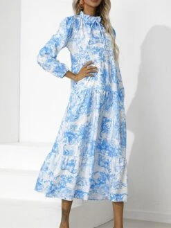 Women's Work Dress Swing Dress Semi Formal Dress Fashion Midi Dress Print Stand Collar Long Sleeve Floral Loose Fit Red Blue Green Fall S M L XL XXL -Tesla Style obcido1693300616964