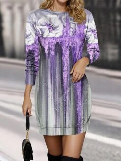 Women's Casual Dress Sweatshirt Dress Mini Dress Warm Fashion Outdoor Vacation Going Out Crew Neck Print Floral Regular Fit Yellow Blue Purple S M L XL XXL -Tesla Style obxett1697109387308