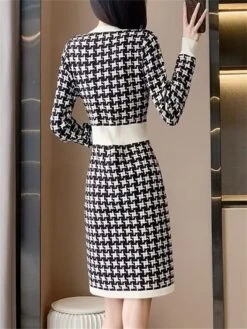 Women's Jumper Dress Knit Dress Midi Dress Daily Houndstooth Casual Daily Round Neck Long Sleeve Patchwork 2023 Regular Fit Black One Size -Tesla Style ocgfbj1694756257235