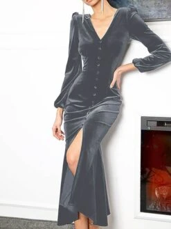 Women‘s Christmas Party Dress Velvet Dress Wedding Guest Dress Midi Dress Black Pink Wine Long Sleeve Pure Color Button Spring Fall Winter V Neck Fashion Winter Dress Office Evening Party 2023 -Tesla Style ocoalm1692614938094