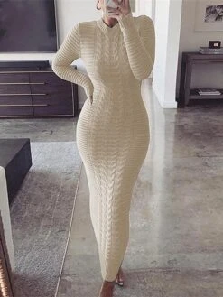 Women's Sweater Dress Winter Dress Jumper Dress Long Dress Maxi Dress Split Outdoor Street Daily Fashion Sexy Stand Collar Long Sleeve 2023 Slim Beige Gray Color S M L XL XXL Size -Tesla Style odcfgx1695036471252