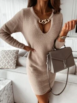 Women's Sweater Dress Winter Dress Jumper Dress Mini Dress Hollow Out Cut Out Outdoor Street Daily Active Fashion V Neck Long Sleeve 2023 Regular Fit Black White Khaki Color S M L XL XXL Size -Tesla Style oddlgf1692871463381