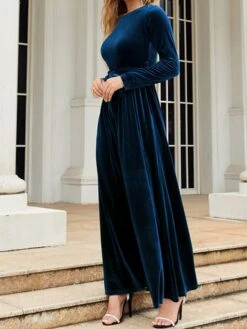 Women's Party Dress Velvet Dress Emerald Green Dress Long Dress Maxi Dress Black Wine Green Long Sleeve Pure Color Lace Up Spring Fall Winter Round Neck Fashion Winter Dress Fall Dress Spring Dress -Tesla Style odlhil1664430786401