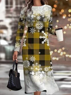 Women's Christmas Work Dress Casual Dress Semi Formal Dress Fashion Winter Dress Daily Midi Dress Print Crew Neck Long Sleeve Plaid Snowflake Slim Wine Brown Green Fall Winter S M L XL XXL -Tesla Style odpzpe1695363295179