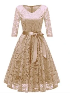 Women‘s Party Dress Homecoming Dress Lace Dress Knee Length Dress Pink Wine Navy Blue Long Sleeve Pure Color Bow Winter Fall Spring V Neck 1950s Party Birthday Wedding Guest 2022 S M L XL XXL -Tesla Style odqusn1624871085165