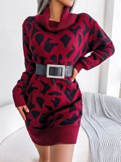 Women's Sweater Dress Jumper Dress Casual Dress Mini Dress Fashion Leopard Outdoor Daily Going Out Turtleneck Long Sleeve 2023 Loose Fit Black Wine Khaki S M L -Tesla Style odvfwt1694756289318