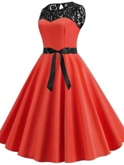 Women's Lace Dress Vintage Dress Swing Dress Black Dress Light Blue Wine Red Black Sleeveless Print Lace Up Summer Spring Fall Crew Neck Vintage -Tesla Style oebiiq1666419863695