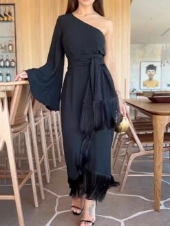 Womenâs Prom Dress Party Dress Wedding Guest Dress Black Dress Long Dress Maxi Dress Long Sleeve Pure Color Tassel Fringe Spring Fall Winter One Shoulder Fashion Winter Dress Evening Party
