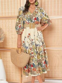 Women's Work Dress Swing Dress Semi Formal Dress Fashion Midi Dress Ruched Print Shirt Collar 3/4 Length Sleeve Floral Loose Fit Black Yellow Apricot Spring Fall S M L XL XXL