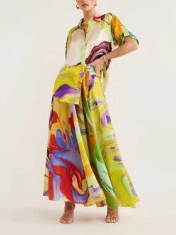 Women's Prom Dress Party Dress Satin Dress Long Dress Maxi Dress Green Long Sleeve Color Block Button Fall Winter Autumn Shirt Collar Fashion Vacation 2023 S M L XL XXL -Tesla Style ofnmsp1694166354187