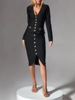 Women's Work Dress Sheath Dress Black Dress Fashion Midi Dress Button Split V Neck Long Sleeve Plain Regular Fit Black Summer Spring S M L XL -Tesla Style ofrppj1688449064548