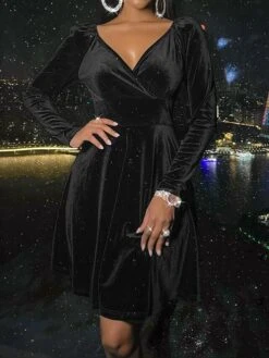 Women's Wedding Guest Dress Velvet Dress Red Holiday Dress Claret Royal Blue Brown Black Long Sleeve Pure Color Patchwork Winter Fall V Neck Party Sexy Party Fall Dress 2023 S M L XL Winter Dress -Tesla Style ofvvsr1665658912855