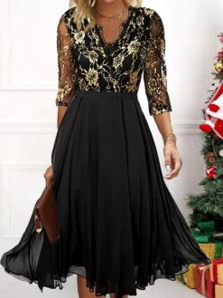 Women's Party Dress Lace Dress Cocktail Dress Midi Dress Black 3/4 Length Sleeve Pure Color Lace Spring Fall Winter V Neck Fashion Wedding Guest Vacation 2023 S M L XL XXL 3XL
