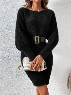 Women's Sweater Dress Winter Dress Jumper Dress Midi Dress Patchwork Street Daily Date Fashion Streetwear Crew Neck Long Sleeve 2023 Slim Black White Khaki Color S M L XL Size -Tesla Style ogkqsf1692095371155