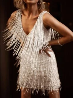 Women‘s Party Dress Fringe Dress Short Mini Dress White Gold Sleeveless Pure Color Tassel Fringe Spring Summer Spaghetti Strap Party Sexy Gatsby Party 2023 S M L XL XXL / Winter -Tesla Style ogulyh1644218137142
